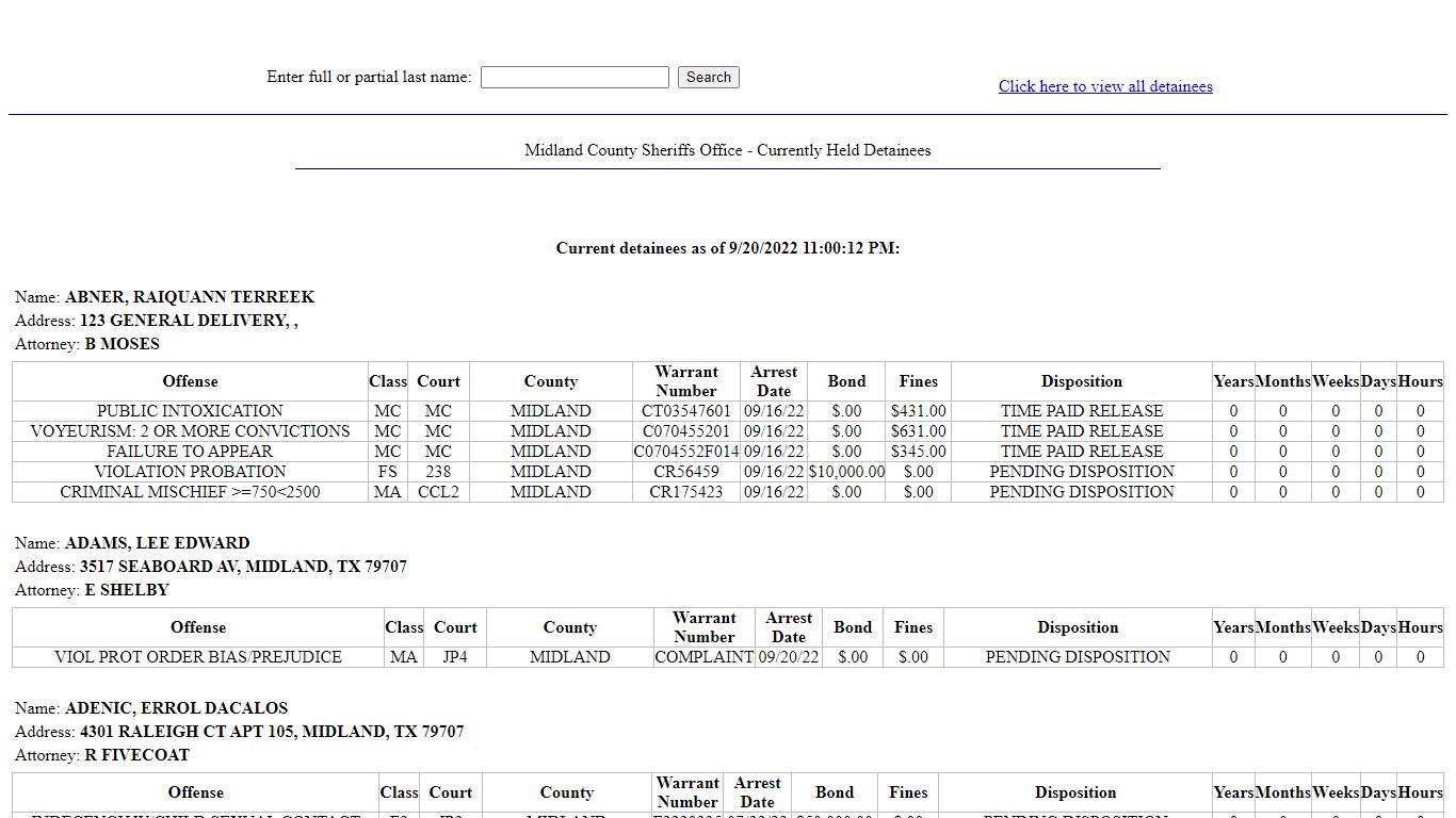 Midland County Sheriffs Office - Currently Held Detainees